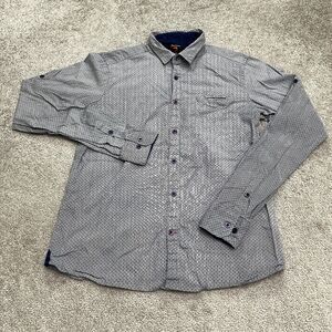 Cougar Slim Fit Button Down Shirt Mens Large Blue Pinstripe Diamond Print Cotton